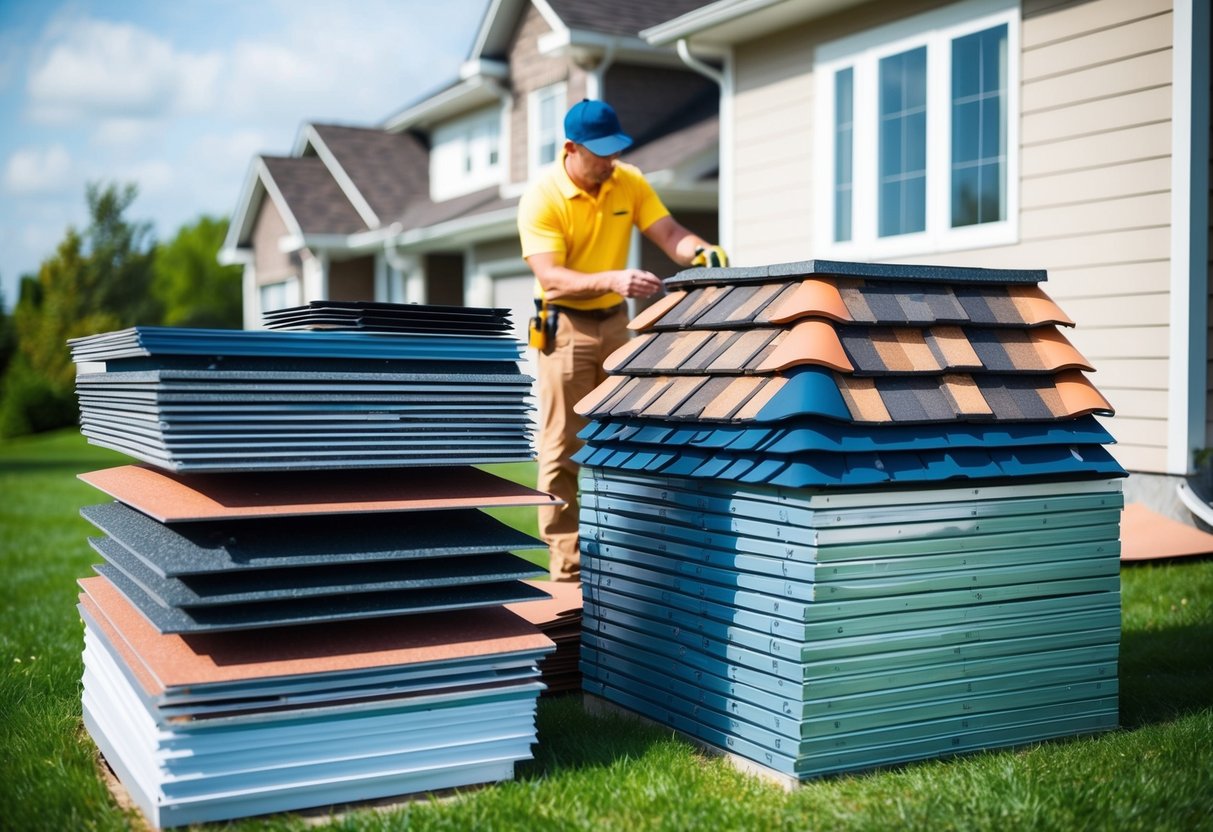 A variety of roofing materials stacked next to a house, including shingles, tiles, and metal sheets. A contractor measuring and inspecting the roof