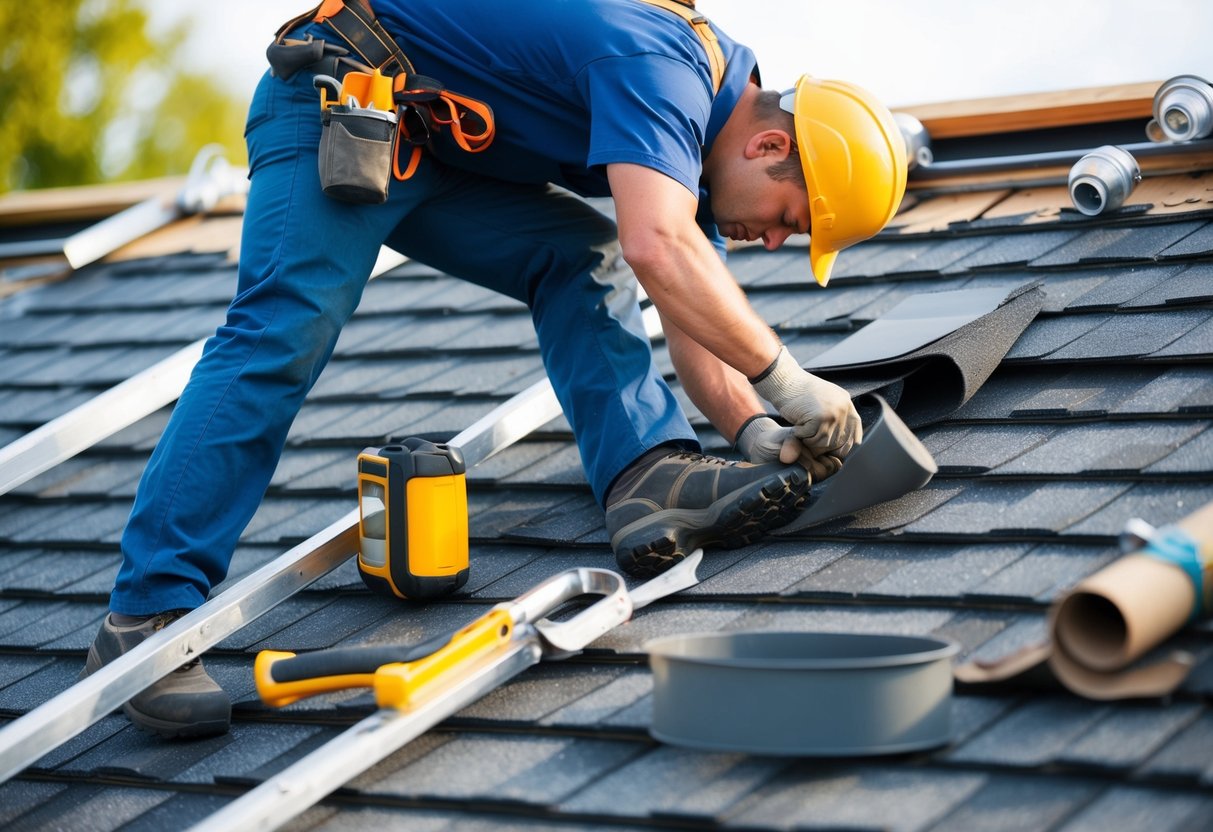 A roofer on a ladder repairing a damaged roof with tools and materials scattered around