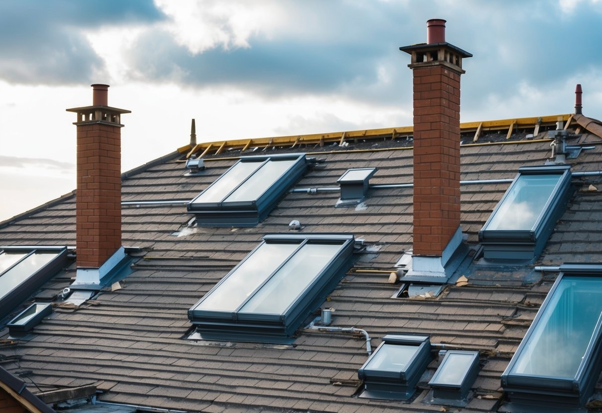 A complex roof with multiple angles and additional features, such as skylights and chimneys, in need of repair
