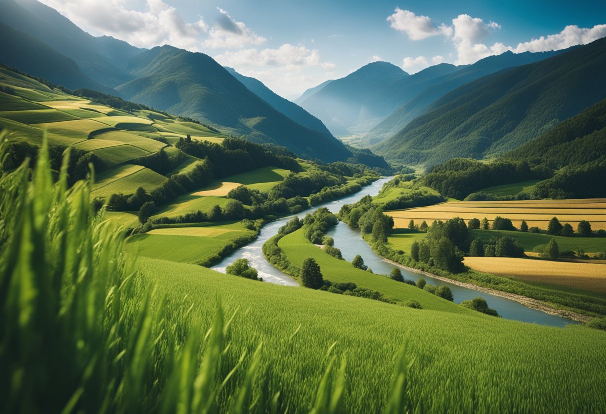 A majestic mountain landscape with a river flowing through, surrounded by fields of barley and hops, under a clear blue sky