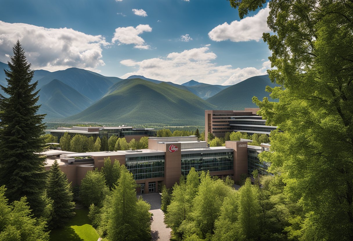 A panoramic view of the Molson Coors Beverage Company headquarters, surrounded by lush greenery and set against a backdrop of mountains
