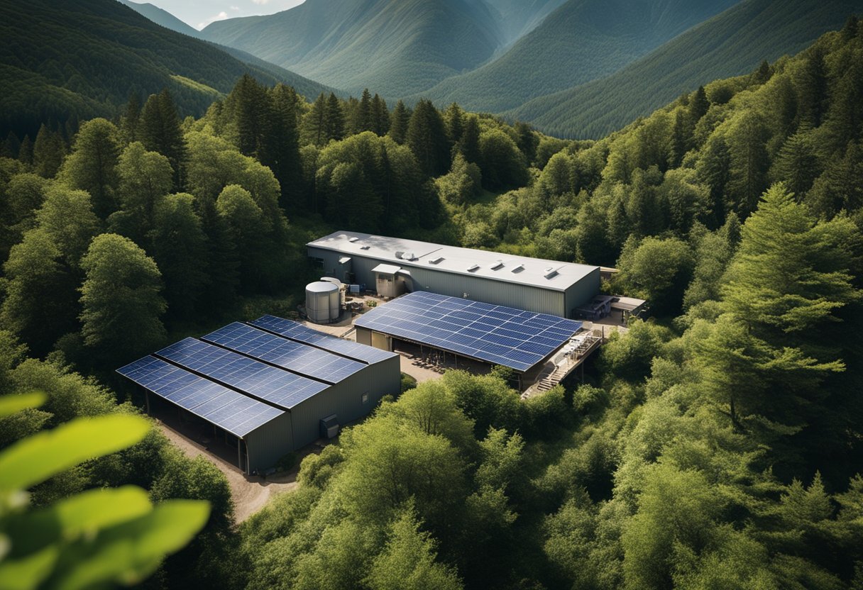 A lush, green brewery nestled in the mountains, surrounded by solar panels and recycling facilities. A clear stream runs through the property, with wildlife thriving in the natural landscape