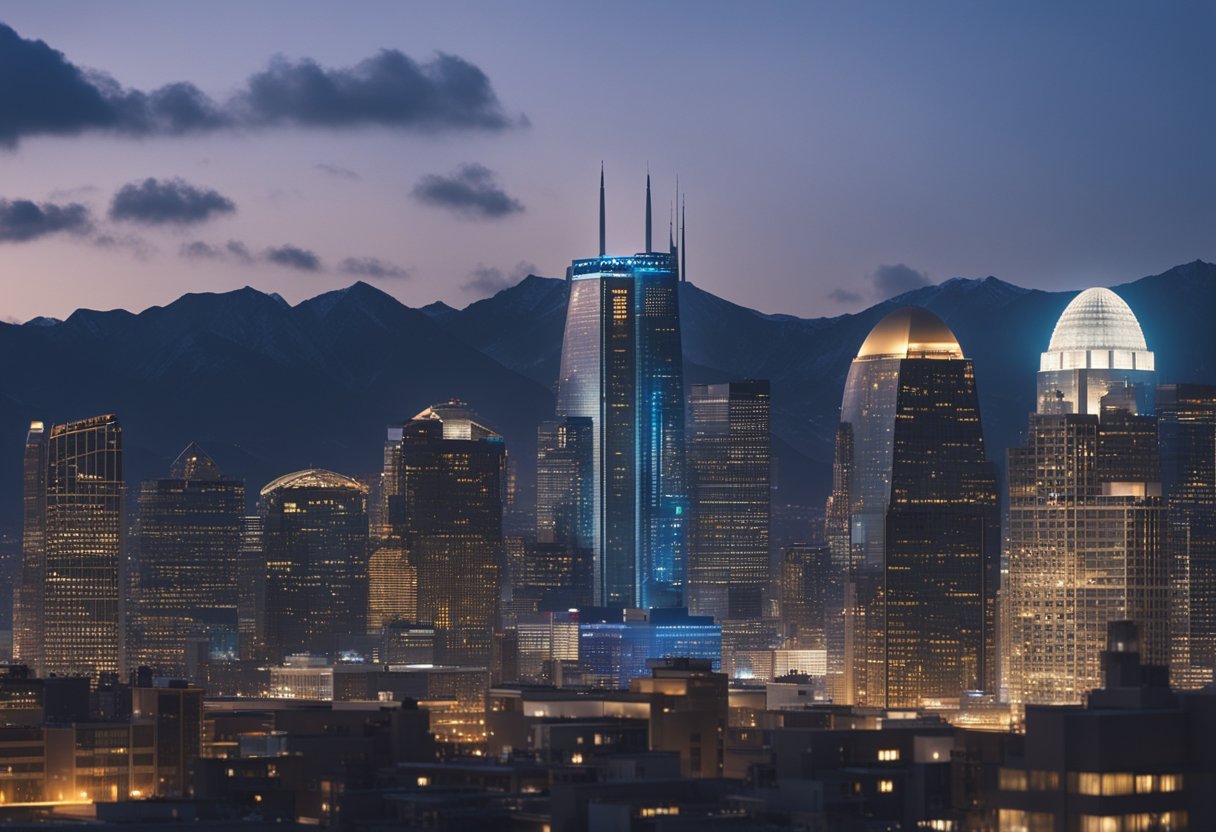 A futuristic city skyline with a prominent Coors-owned building towering above the surrounding skyscrapers
