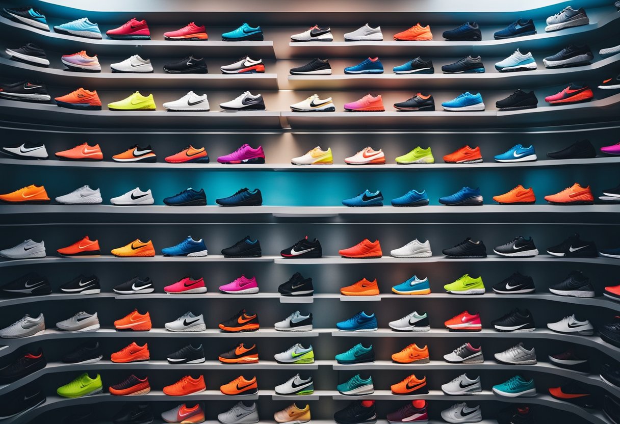 A collection of Nike's products displayed on sleek, modern shelves with bold branding and vibrant colors