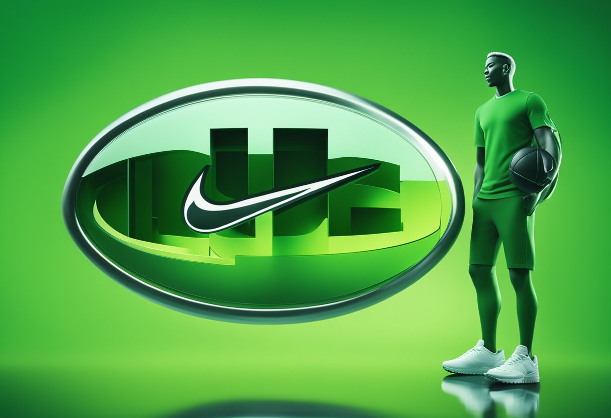 Nike logo on a clean, green background with diverse, happy people benefiting from CSR initiatives