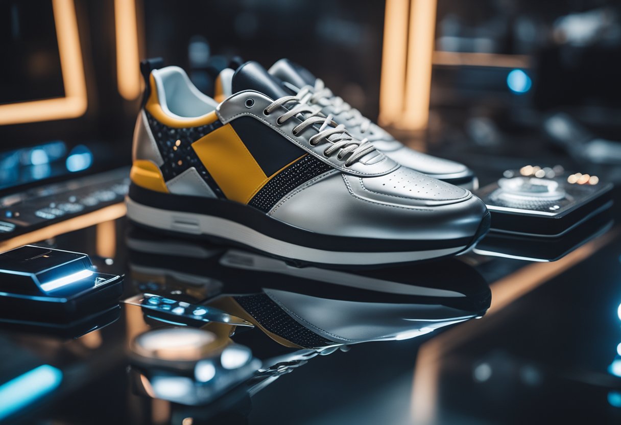 A sleek, modern sneaker surrounded by futuristic gadgets and machinery