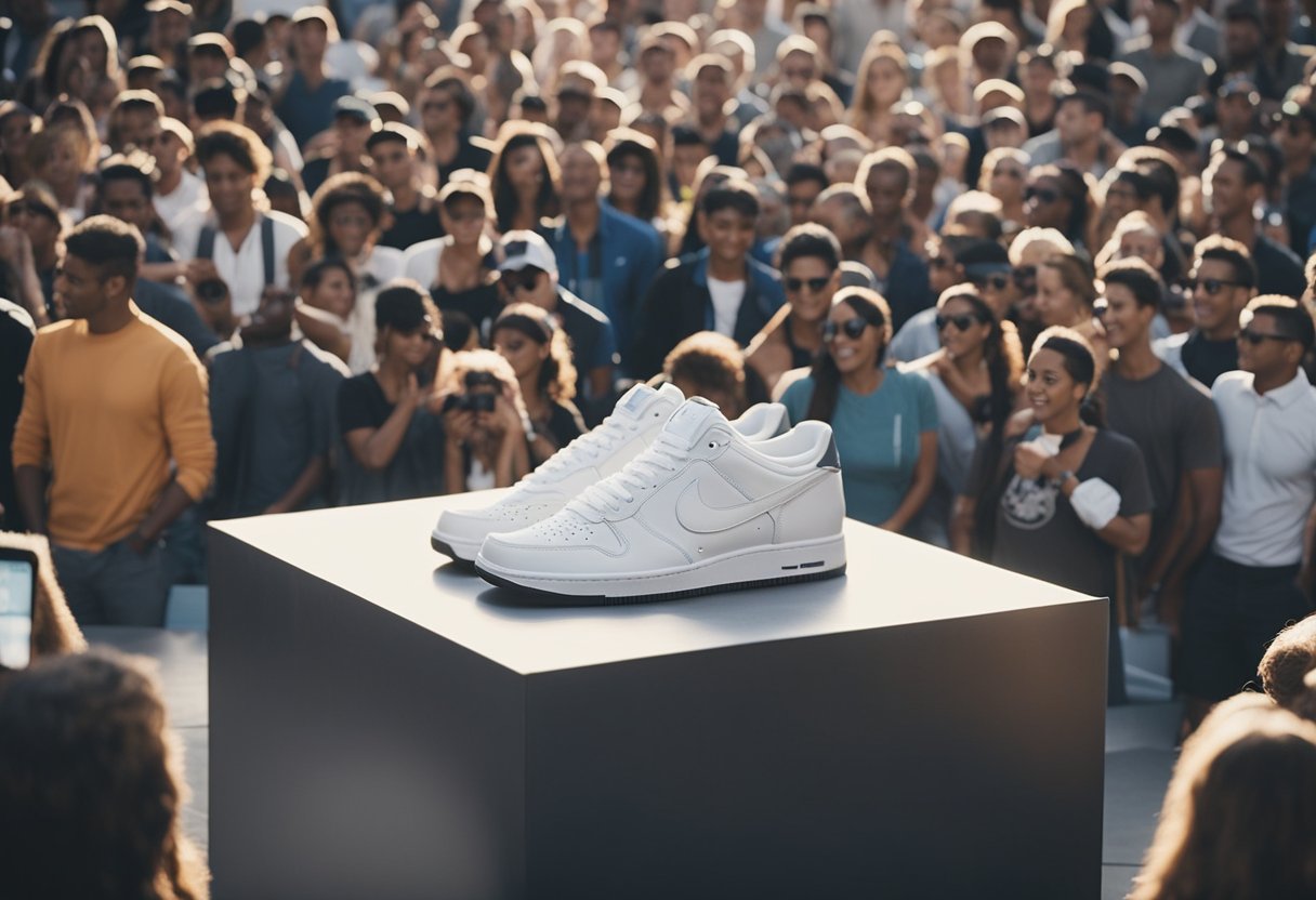 A pair of Nike sneakers sits on a pedestal, surrounded by a spotlight and a crowd of onlookers