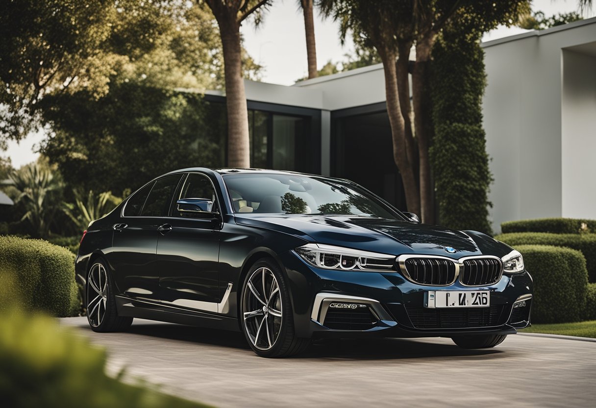 A sleek BMW parked in a modern driveway, surrounded by a well-manicured garden and a luxurious home in the background