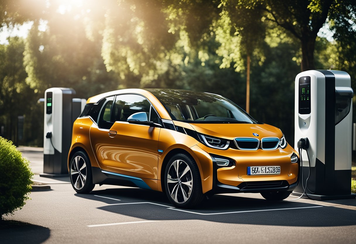 A BMW electric car charging at a solar-powered station, surrounded by greenery and recycling bins