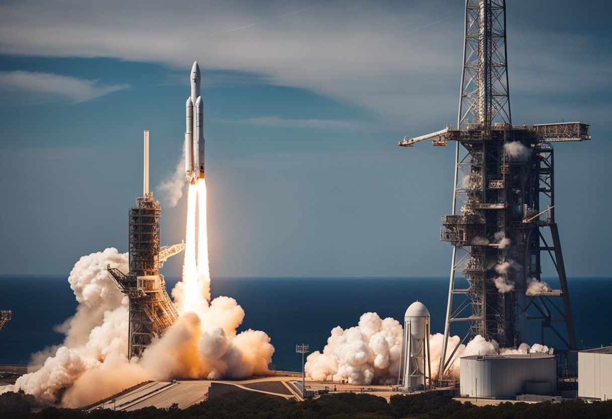 A rocket launching from a launch pad, with the SpaceX logo prominently displayed on the side