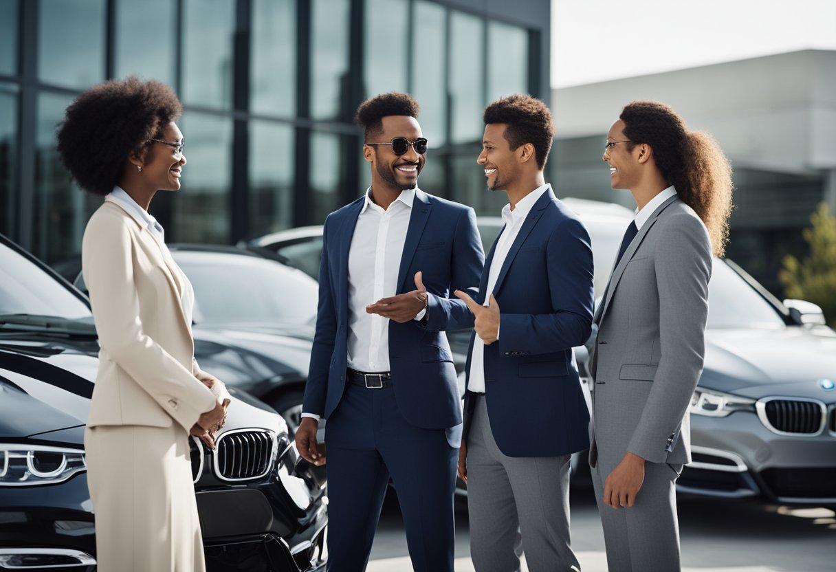 A diverse group of employees in business attire standing in front of a BMW dealership, engaging in conversation and exchanging ideas