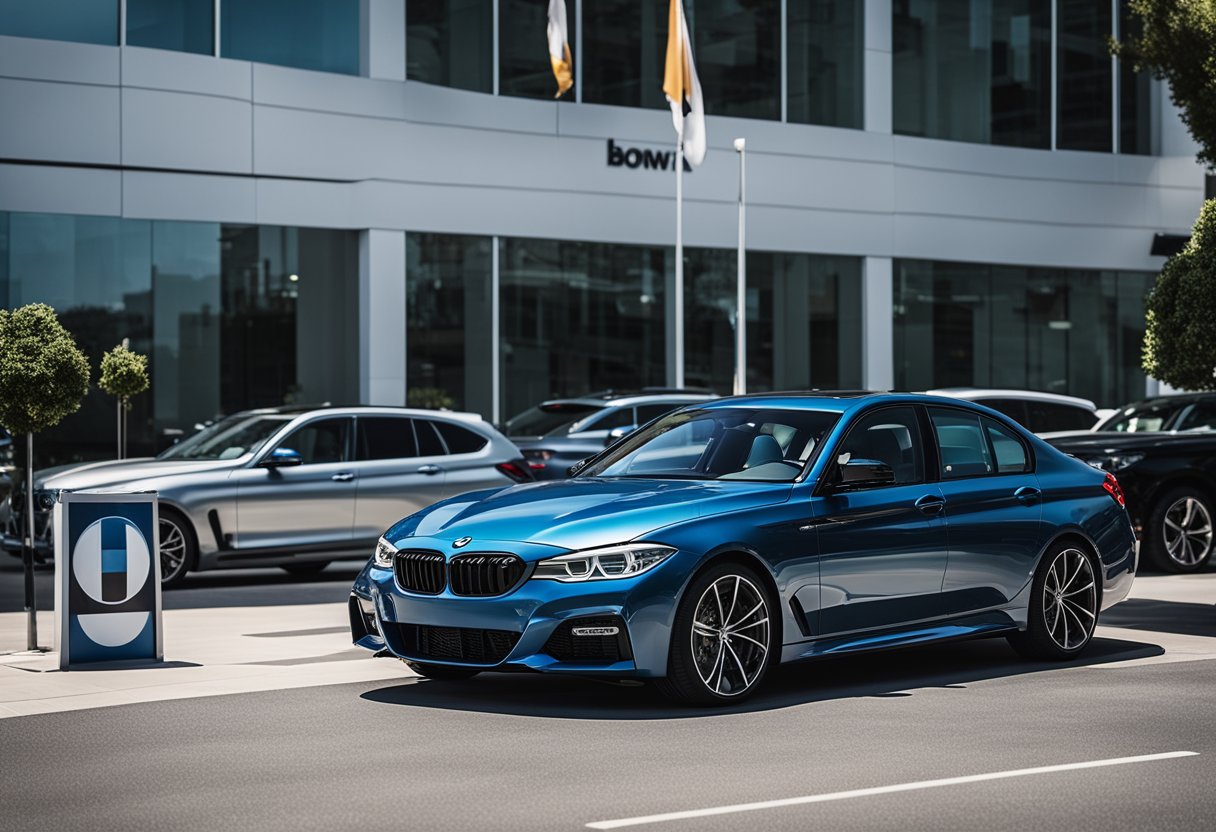 A sleek BMW parked in front of a bustling car dealership, surrounded by other luxury vehicles. Bright banners and flags display the dealership's name and promotions