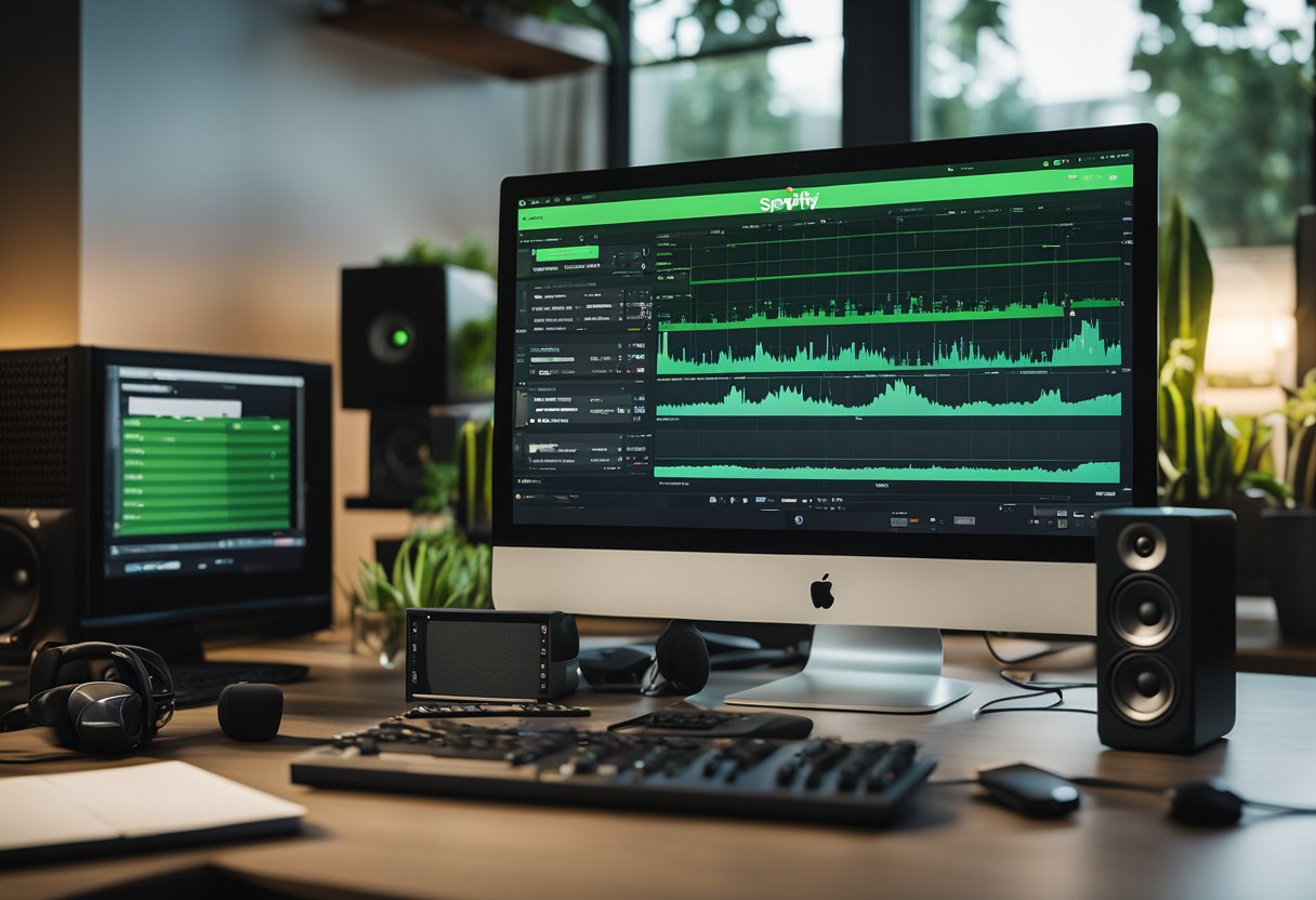 A computer screen with the Spotify logo displayed, surrounded by various electronic devices and speakers
