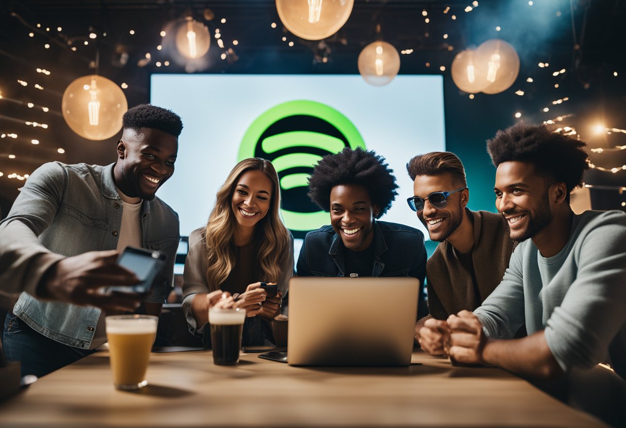 A group of people gathered around a computer, celebrating as they launch Spotify