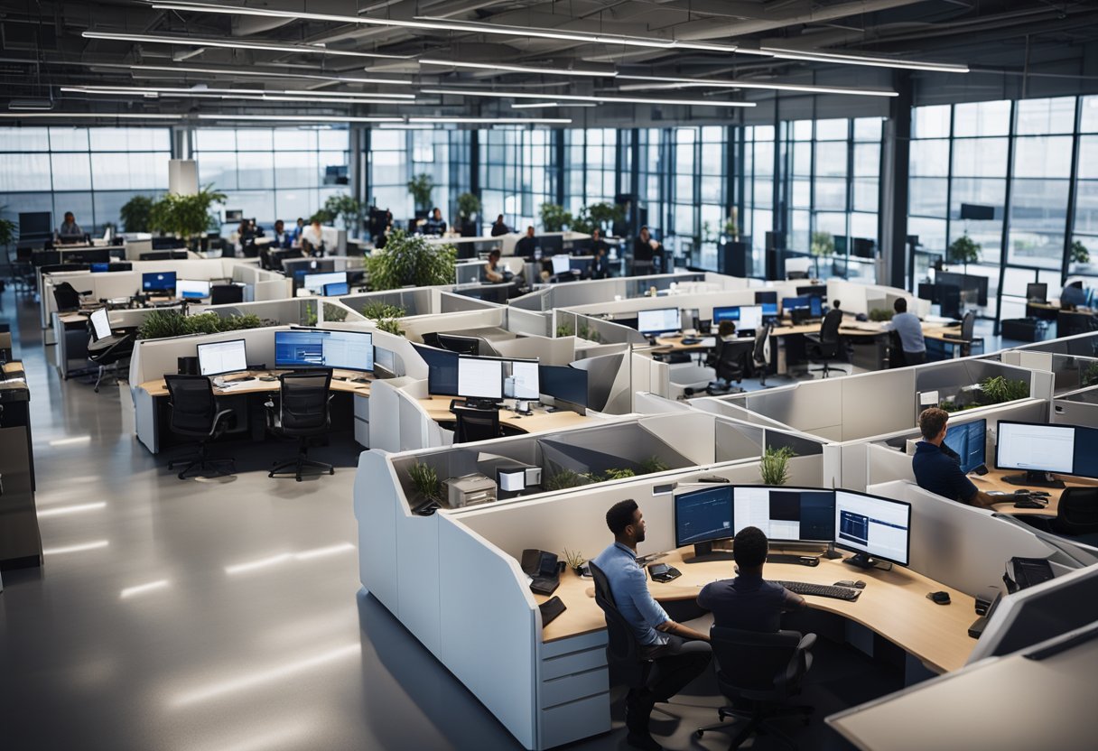 A bustling office with modern decor and a diverse group of employees collaborating on innovative projects at SpaceX headquarters
