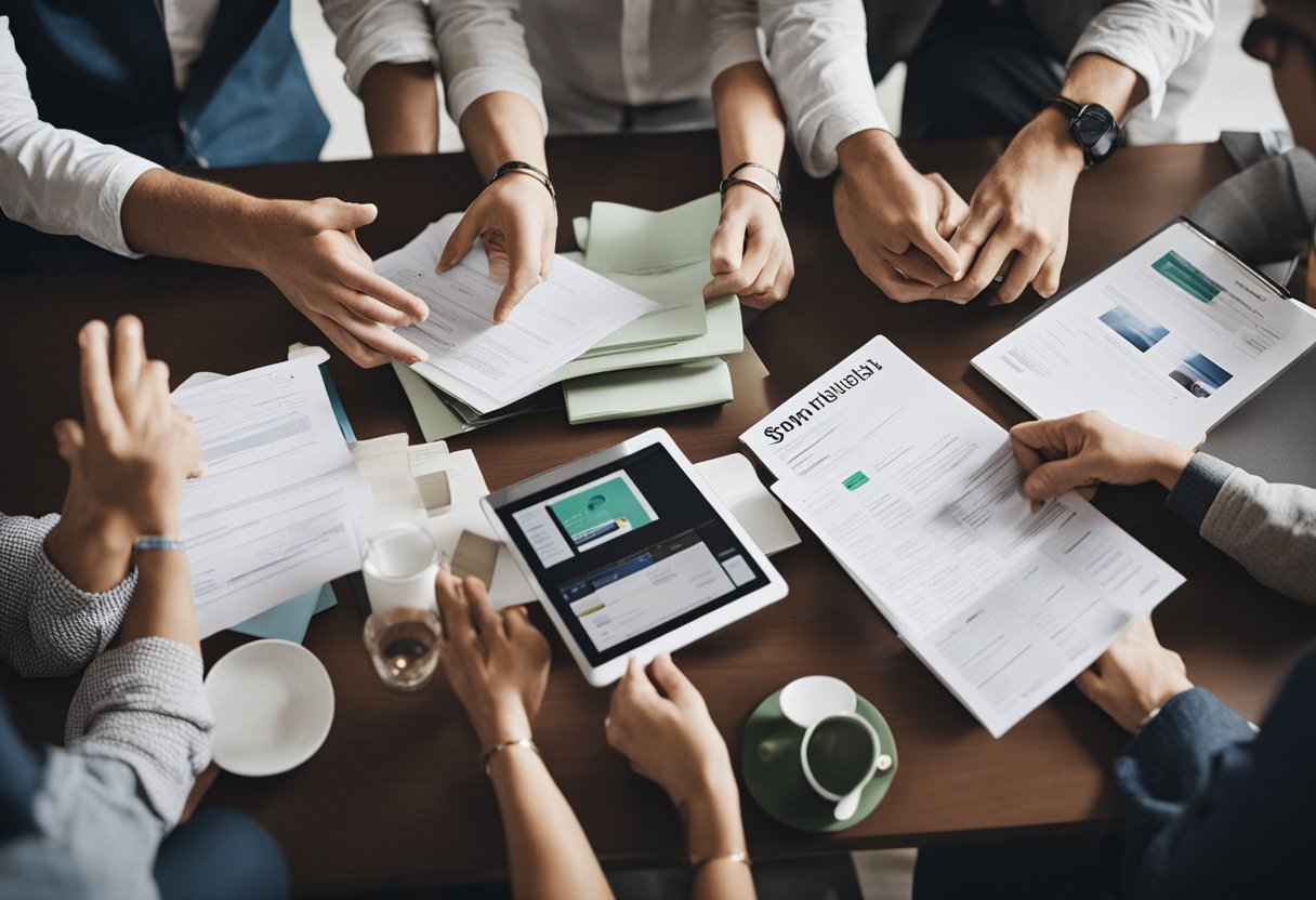 A group of people sitting around a table, exchanging documents and shaking hands, representing the ownership and share distribution of Spotify