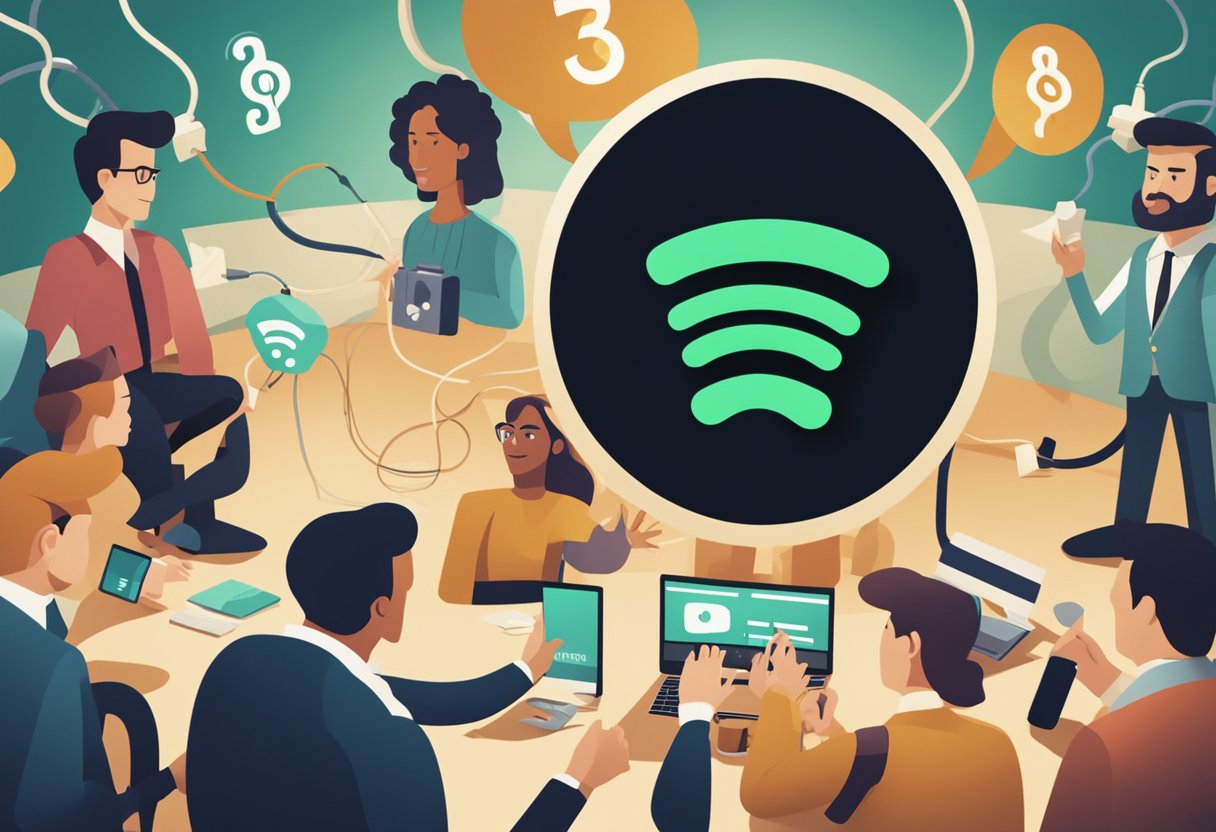 A group of people in heated debate over a Spotify logo, surrounded by question marks and tangled cords