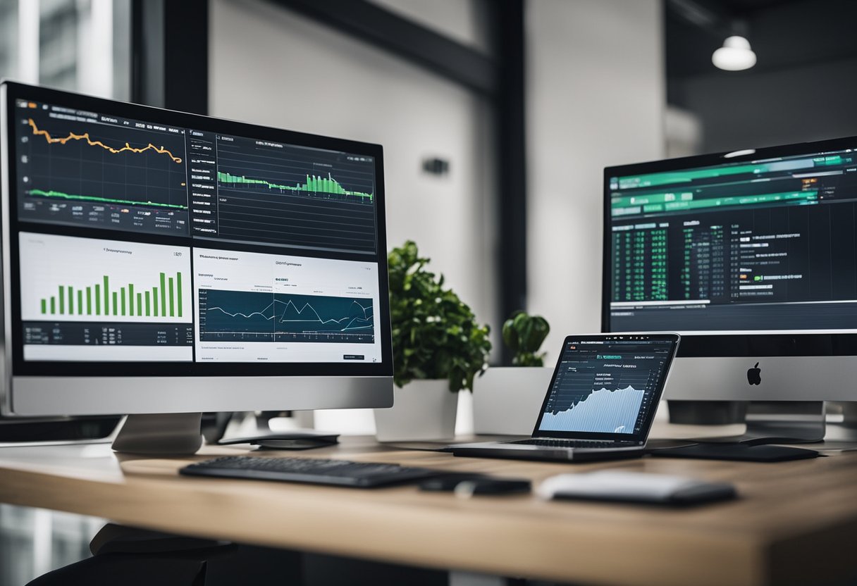 A modern office with a desk, computer, and charts showing revenue streams. Ads and logos for Spotify are displayed on the computer screen and wall