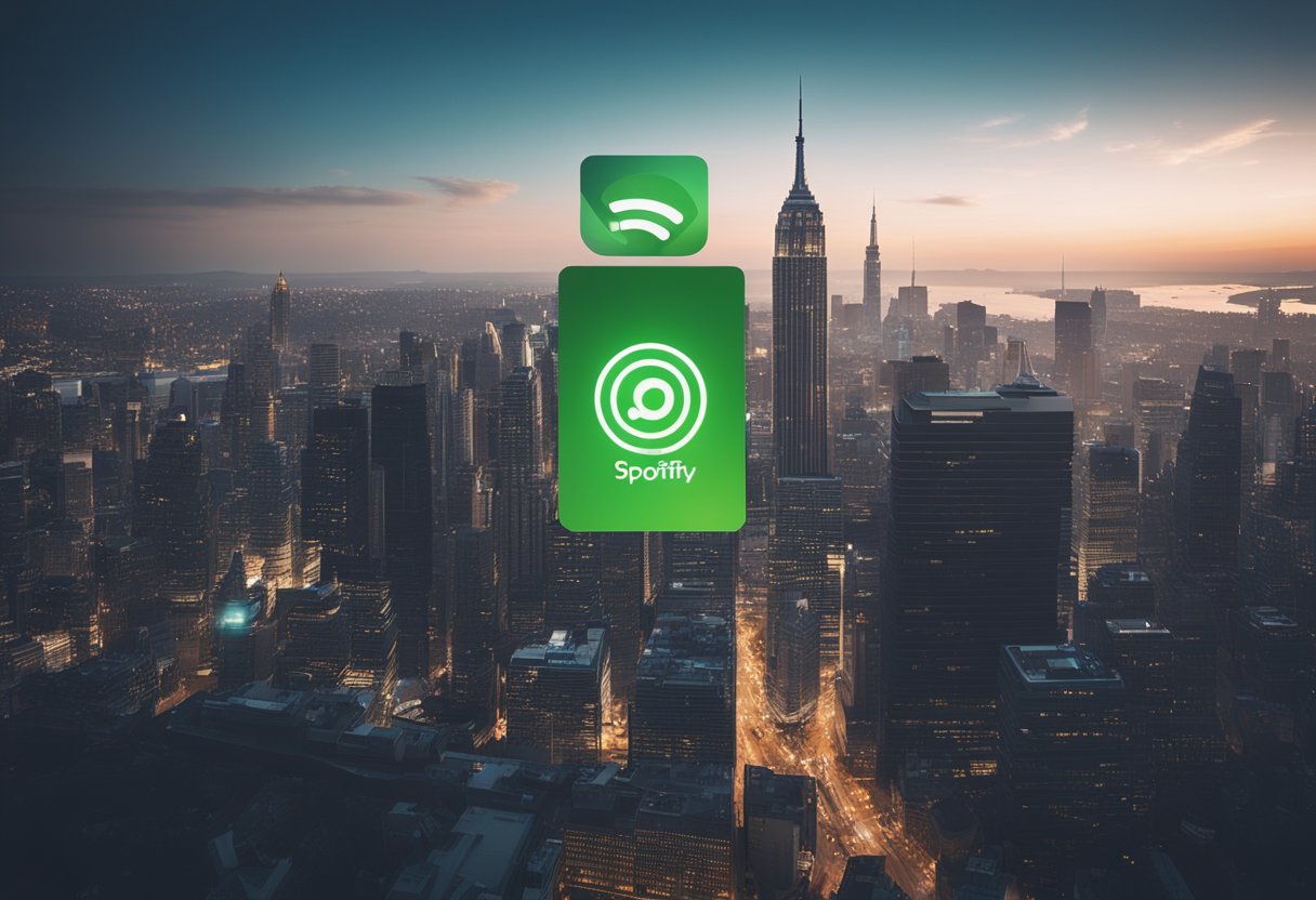 A sleek, futuristic city skyline with a prominent Spotify logo displayed on a towering building