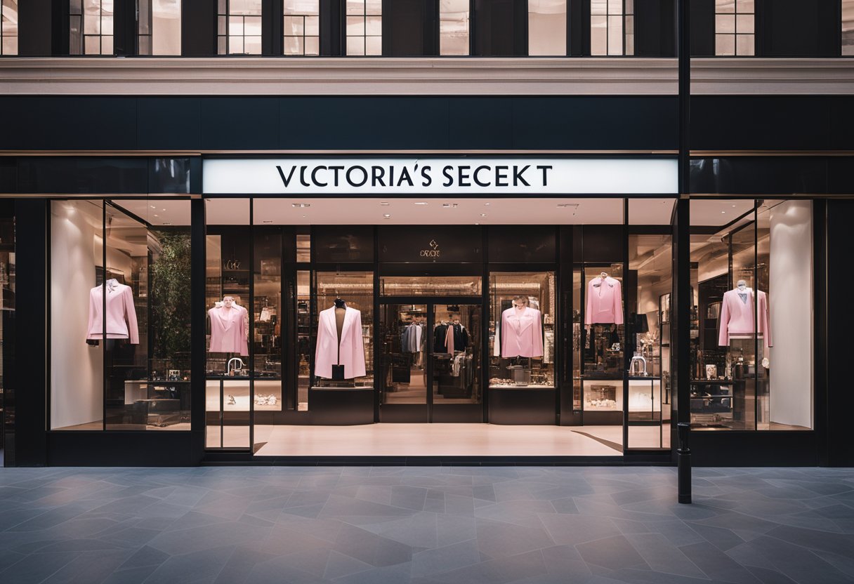 A sleek, modern storefront with the iconic Victoria's Secret logo prominently displayed
