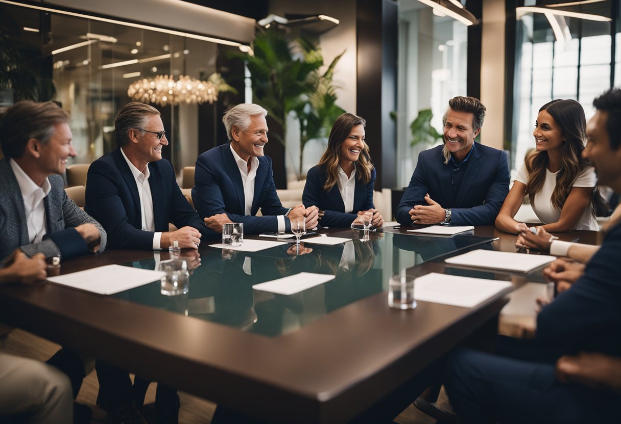 A group of executives and leaders gather around a conference table, discussing and strategizing the ownership of Victoria's Secret