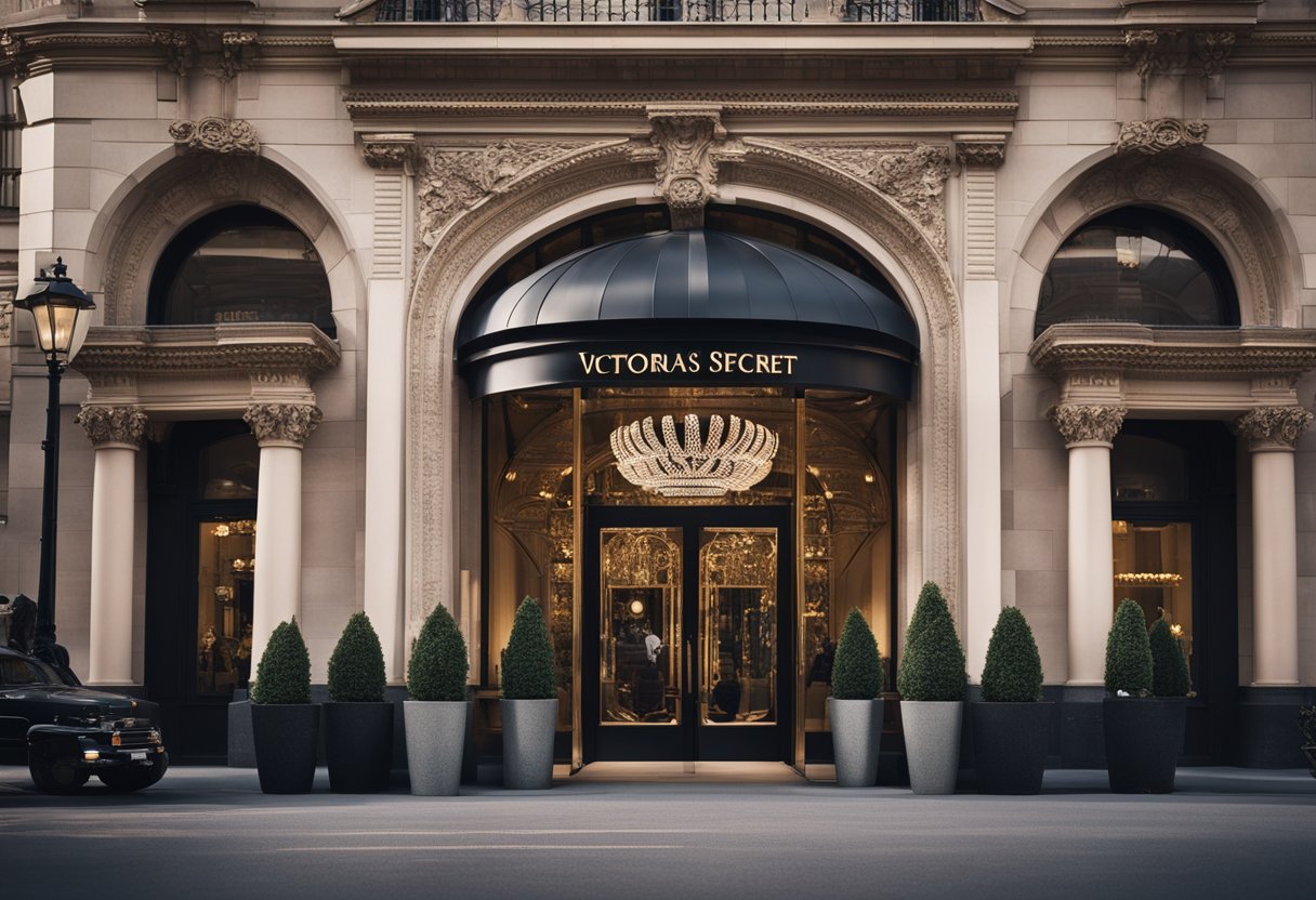 A grand, ornate building with the iconic Victoria's Secret logo displayed prominently above the entrance, surrounded by bustling city streets