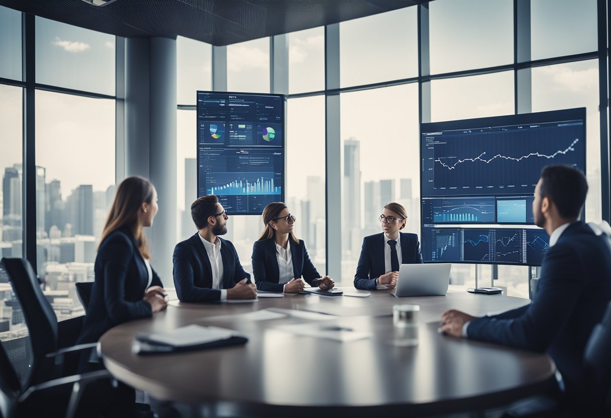 A group of executives discussing business plans in a modern boardroom with charts and graphs displayed on a large screen