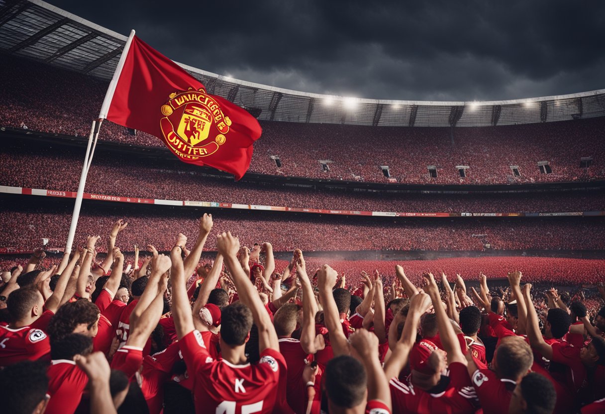 A roaring crowd cheers as a team in red jerseys dominates the field, with the iconic Manchester United logo displayed prominently