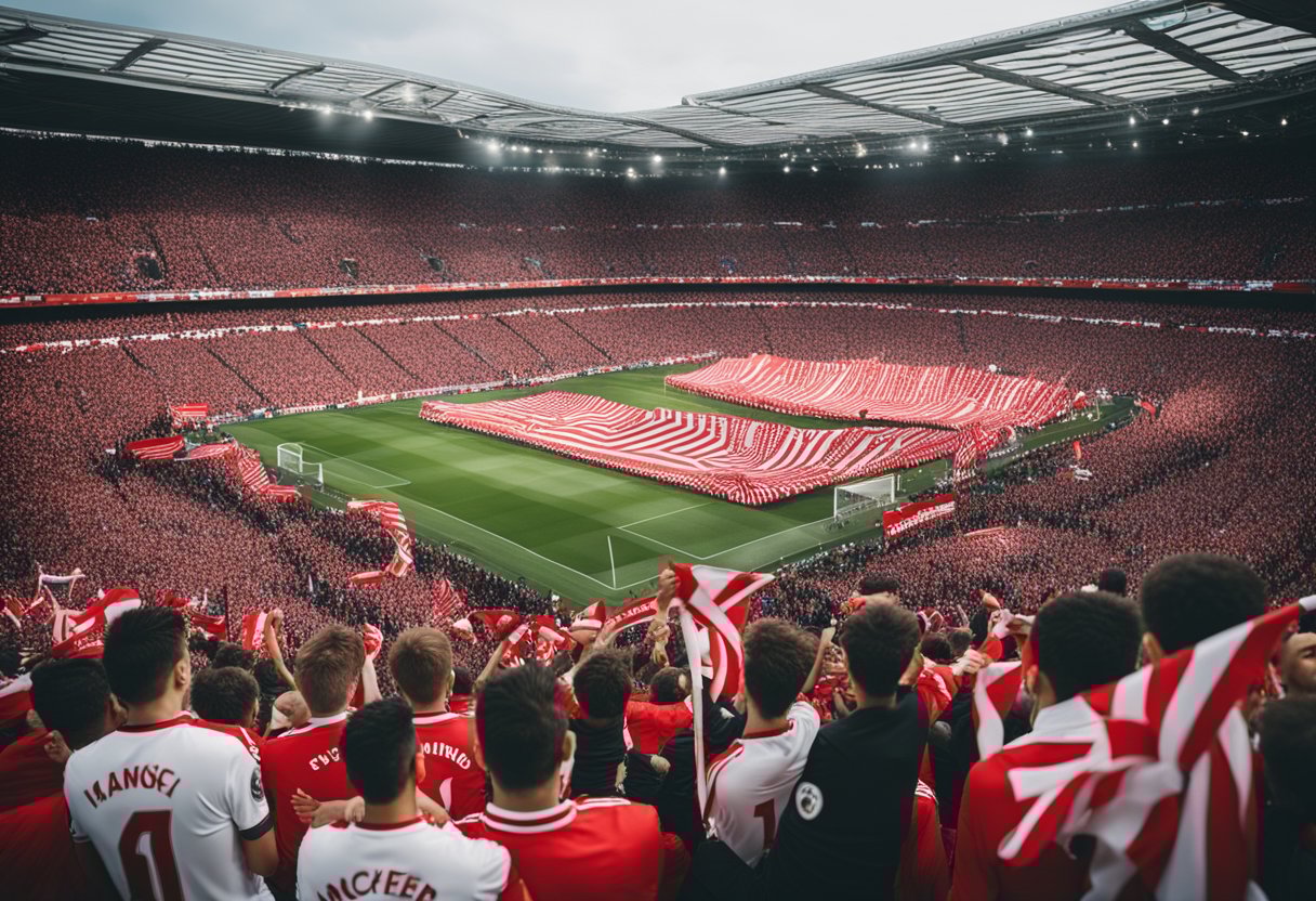 A crowded stadium adorned in red and white, fans waving scarves and flags, chanting and cheering for Manchester United