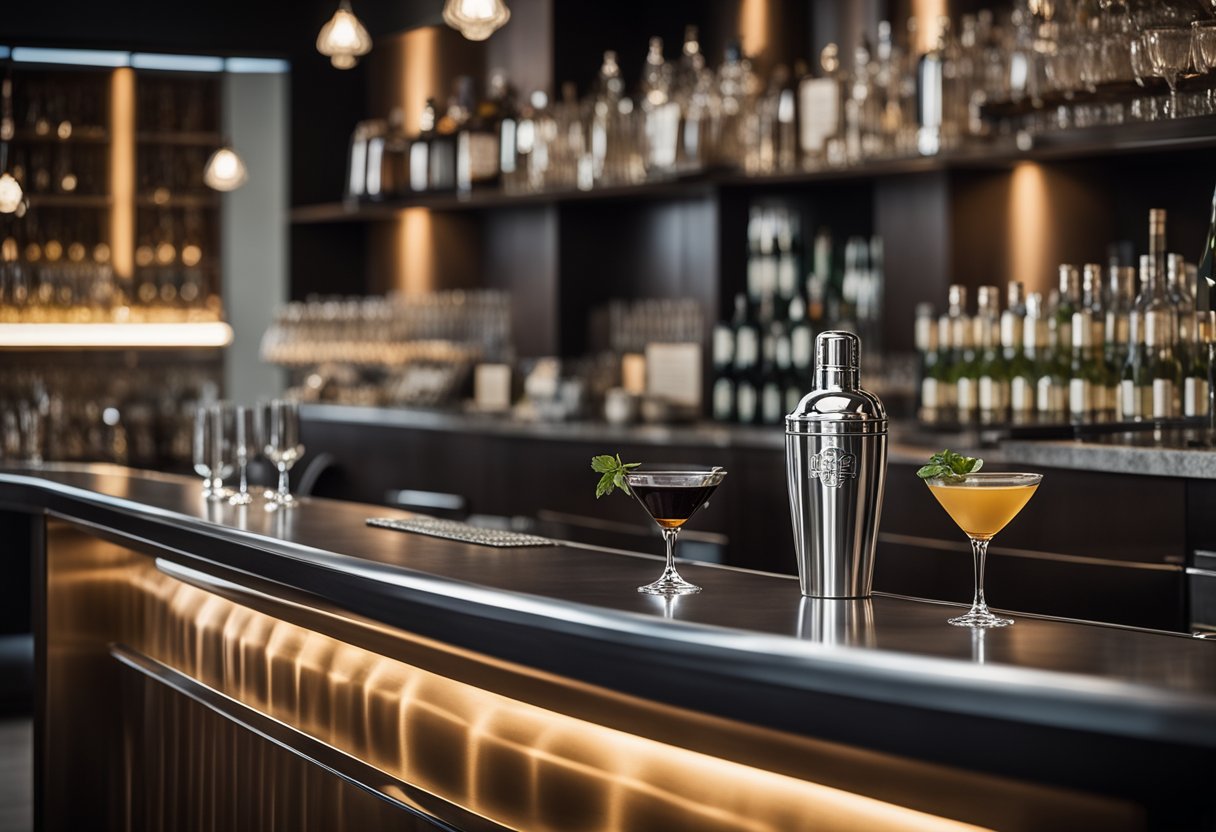A sleek, modern bar counter with a bottle of Prime Drink displayed prominently in the center, surrounded by elegant glassware and a polished silver shaker