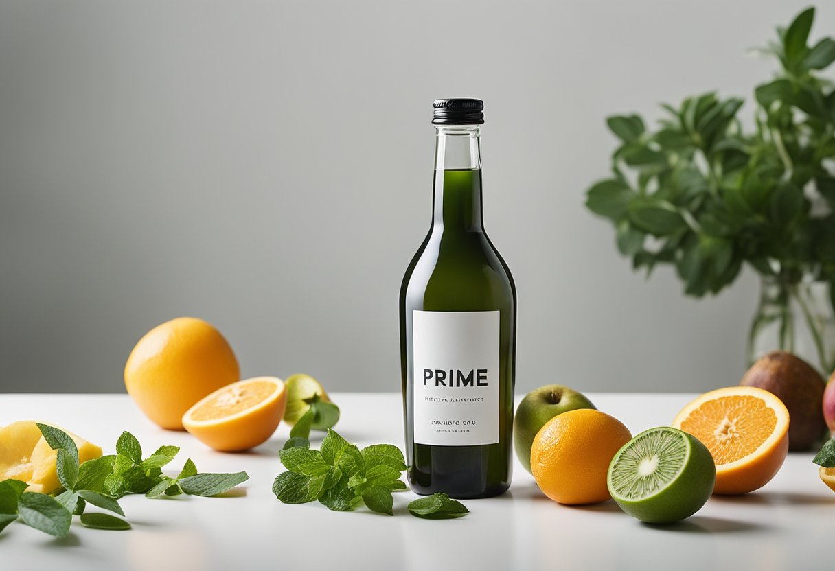 A modern, sleek bottle of Prime Drink sits on a minimalistic white table, surrounded by fresh, vibrant fruits and herbs