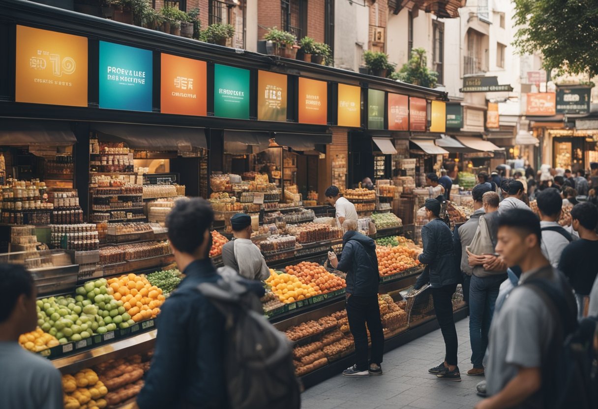 A vibrant, bustling marketplace with Prime Drink products prominently displayed in various storefronts and kiosks, drawing in a diverse crowd of eager customers