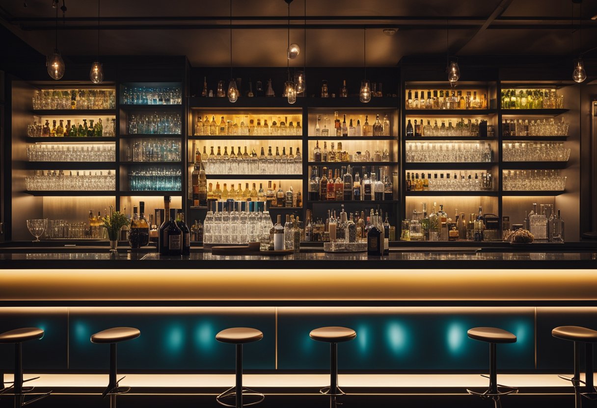A sleek, modern bar with a spotlight on a signature cocktail. Bright, colorful branding and promotional materials surround the display