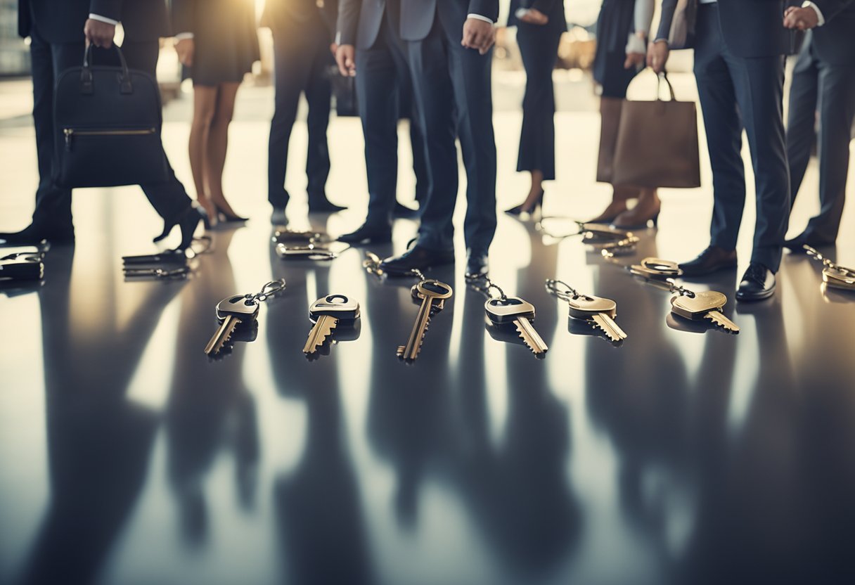 A line of business people pass a set of keys to each other, symbolizing the history of ownership of Chrysler