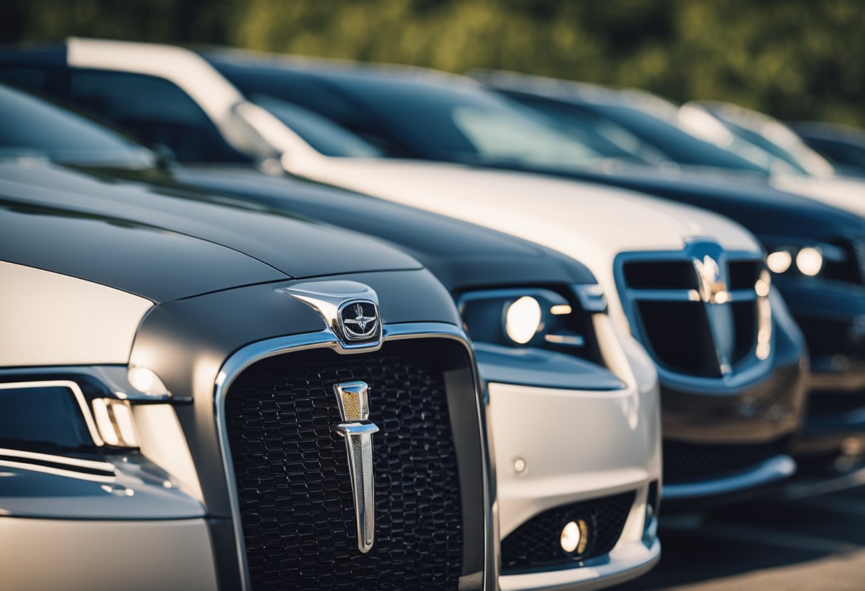 A lineup of vehicles with Chrysler's logo displayed prominently on the front grille