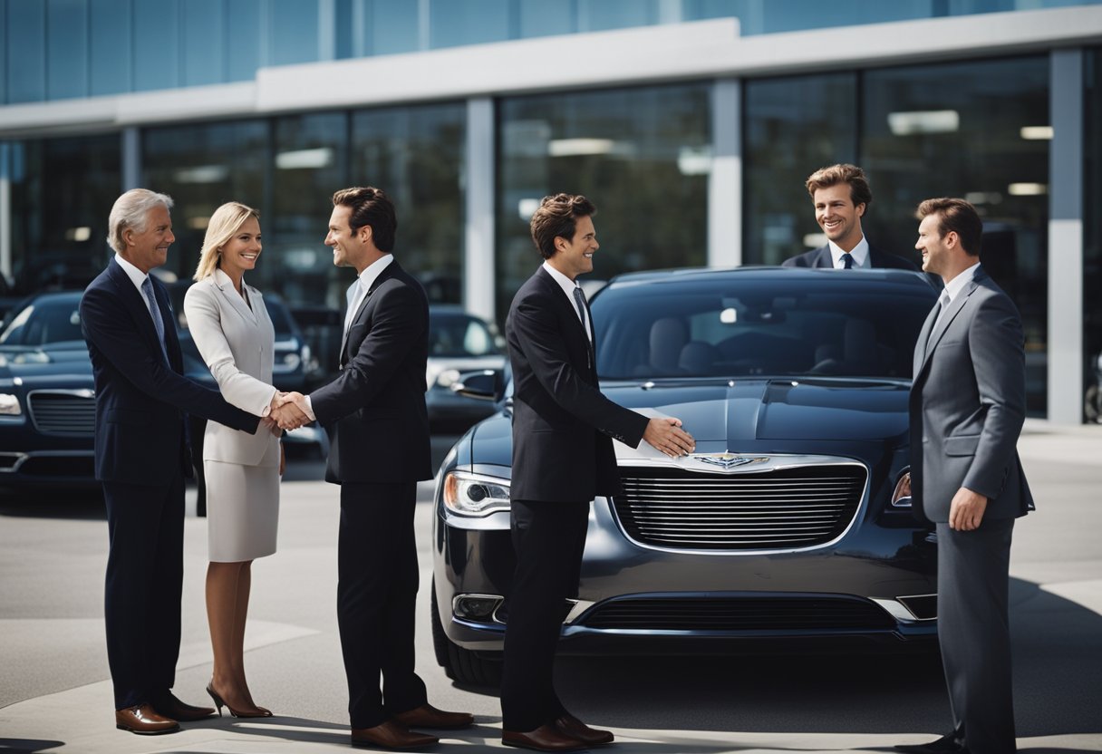 A group of business executives shaking hands in front of a Chrysler dealership
