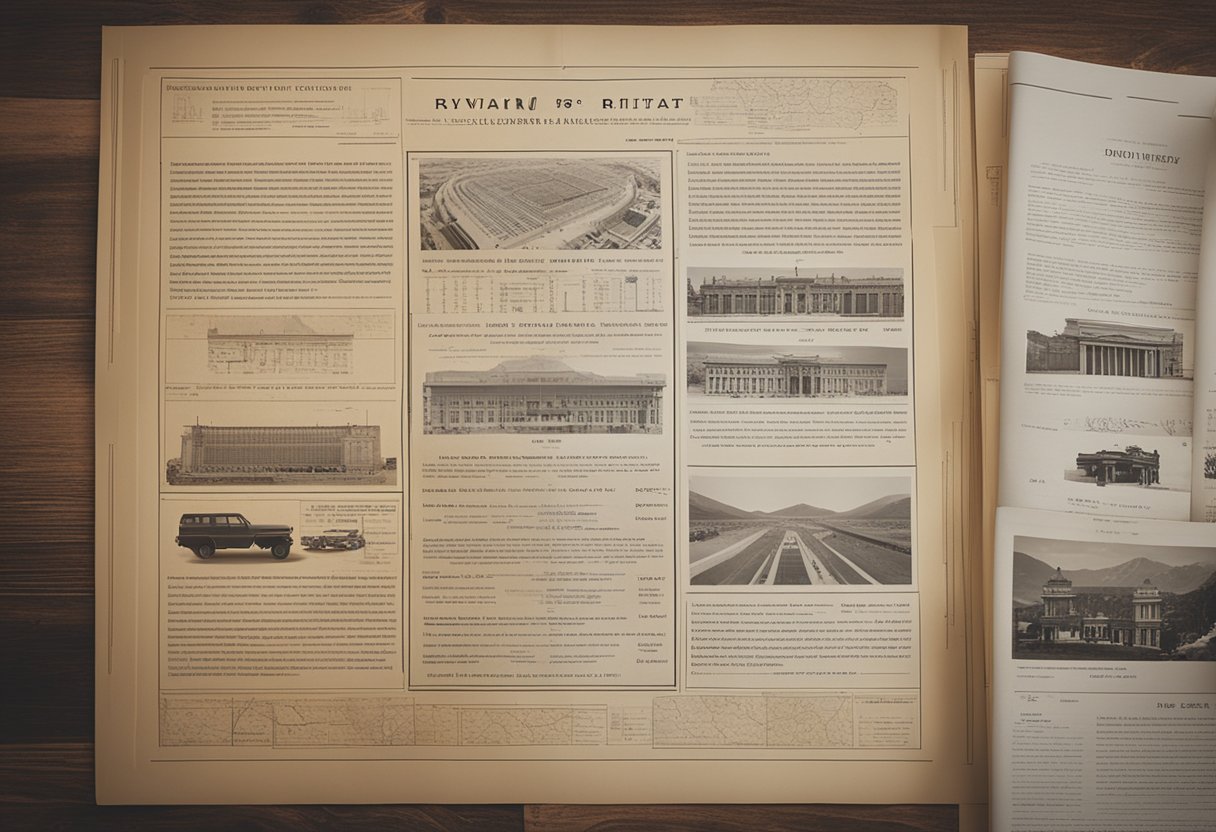 A historic document with the founding history of Rivian, surrounded by maps and engineering blueprints