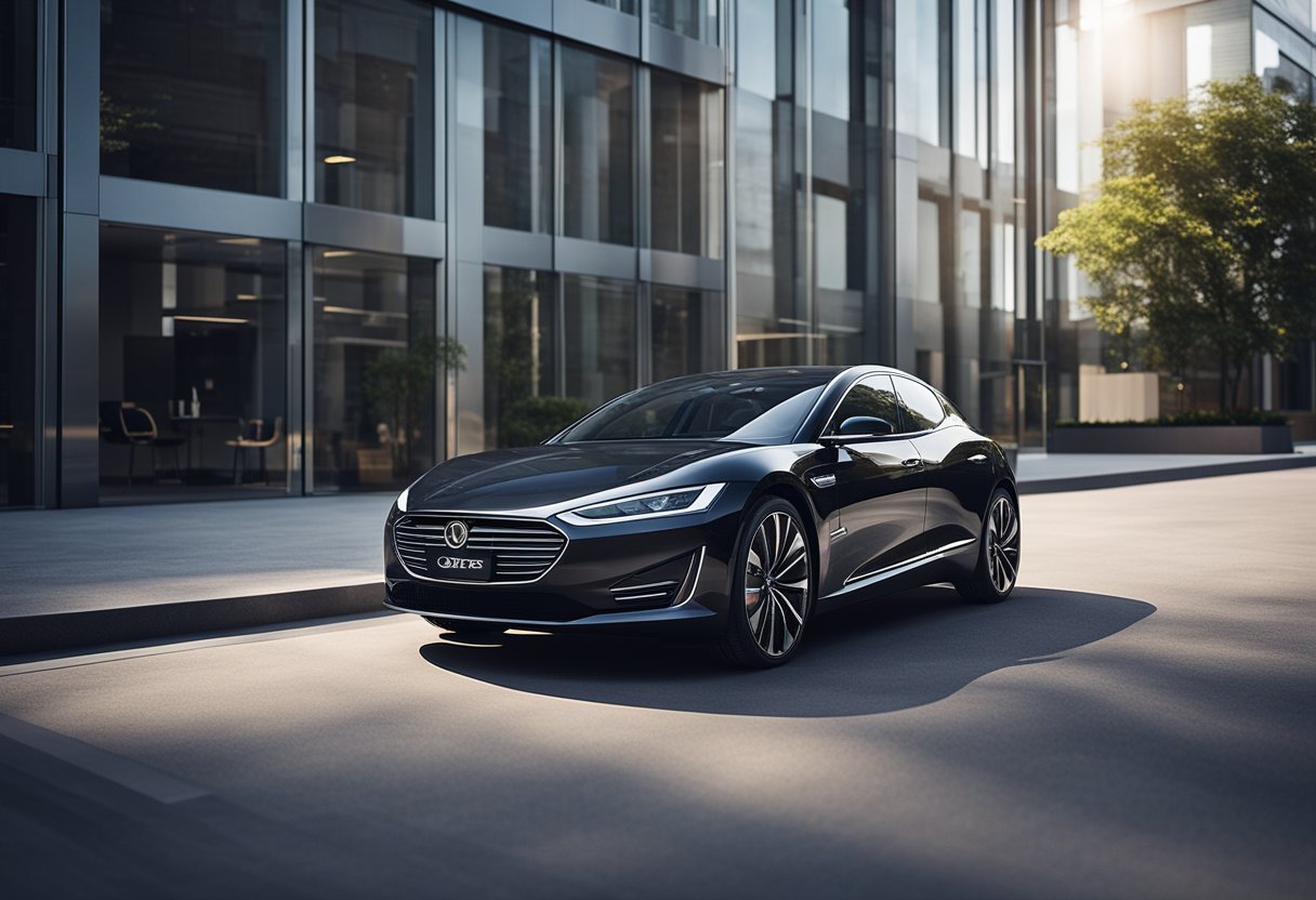 A sleek electric car parked beside a modern office building, with the logos of various companies displayed prominently on the building's exterior