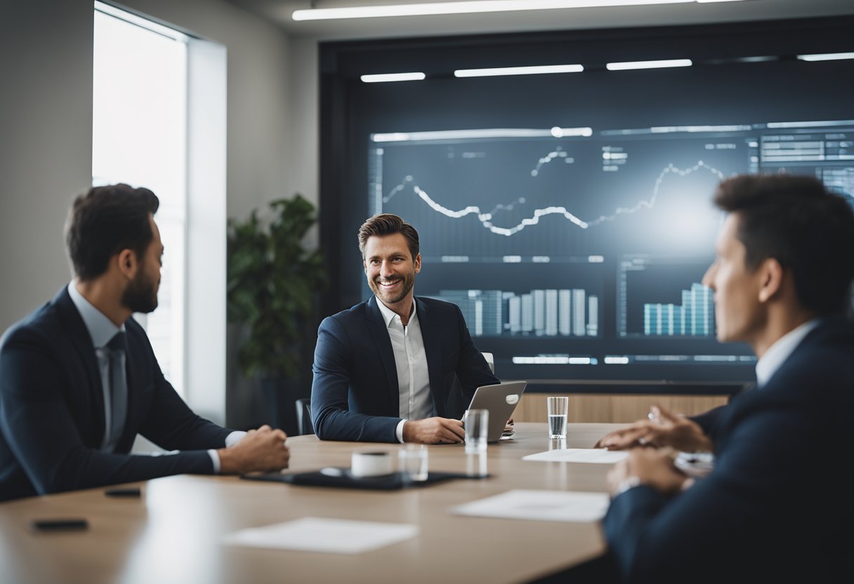 A boardroom meeting with executives discussing Rivian ownership