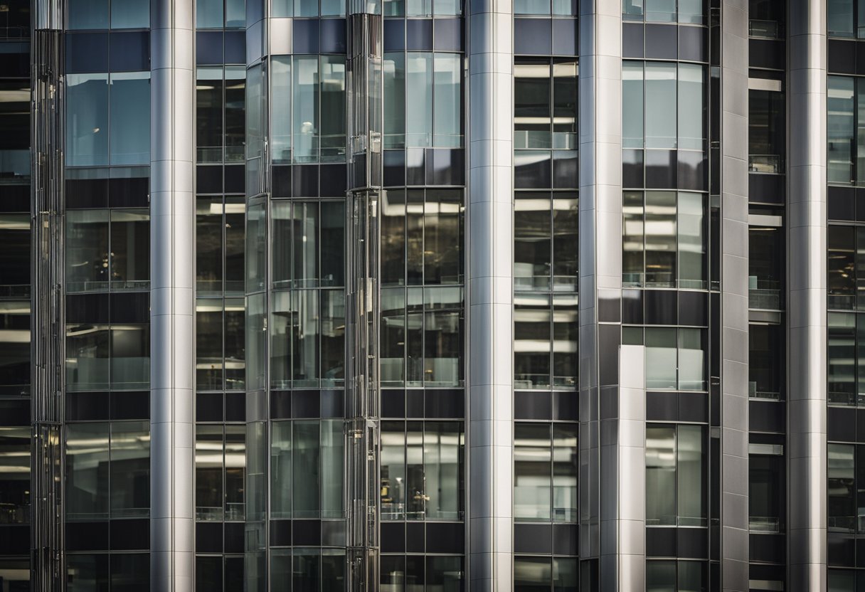 A grand, modern office building with the iconic New York Times logo displayed prominently on the facade