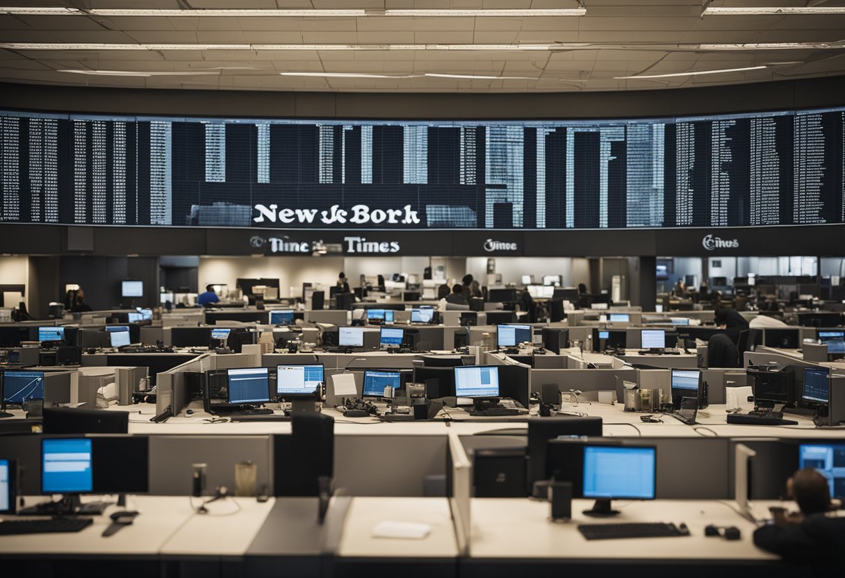 A grand, bustling newsroom with a prominent New York Times logo displayed on the wall. Staff members work diligently at their desks