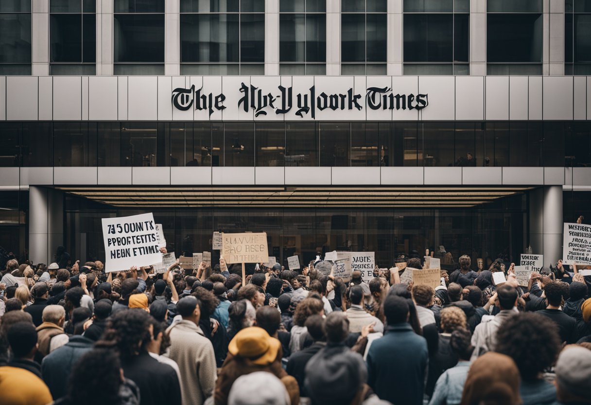 The New York Times building with a crowd of people gathered outside, holding signs and protesting