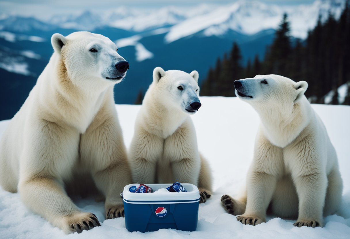 A family of polar bears enjoys a picnic with a cooler full of Pepsi on a snowy mountaintop