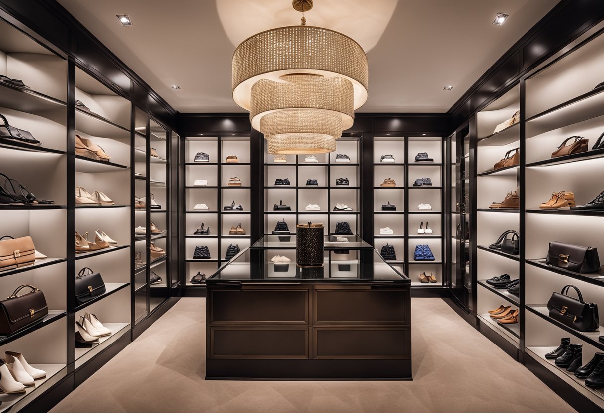 A luxurious, well-organized walk-in closet with rows of neatly displayed Louis Vuitton handbags, shoes, and accessories