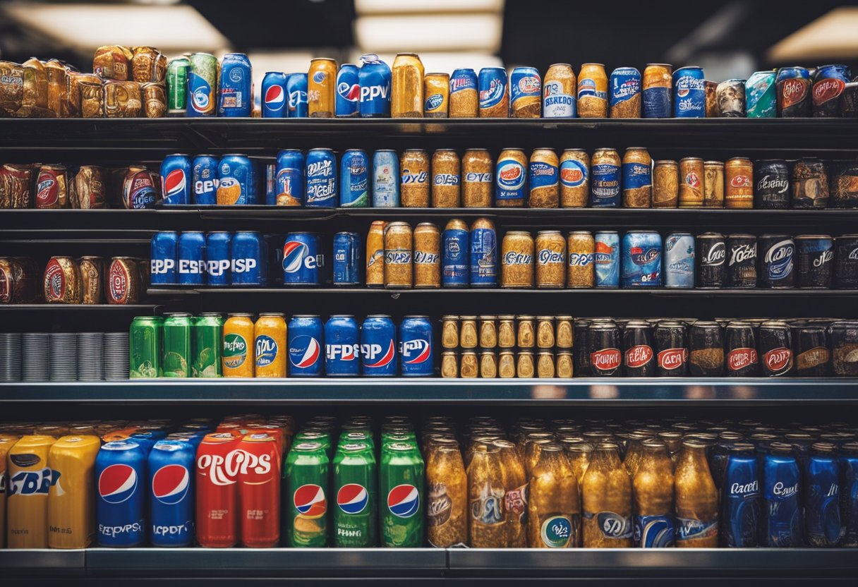 A bustling market stall with Pepsi cans prominently displayed, surrounded by competing beverage brands