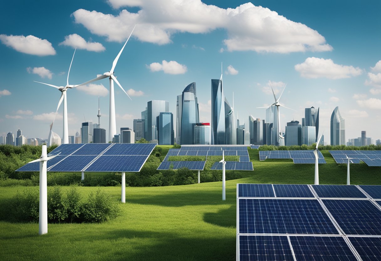 A modern city skyline with a Pepsi-branded building, surrounded by green energy wind turbines and solar panels