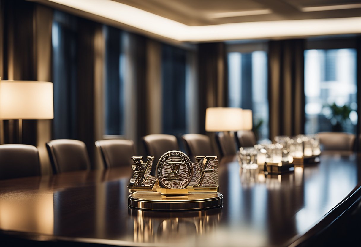 A boardroom table with executives discussing partnerships and investments, with Louis Vuitton branding visible in the background