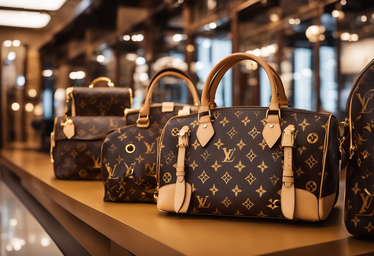 Luxury handbags, shoes, and accessories on display with the iconic Louis Vuitton monogram pattern