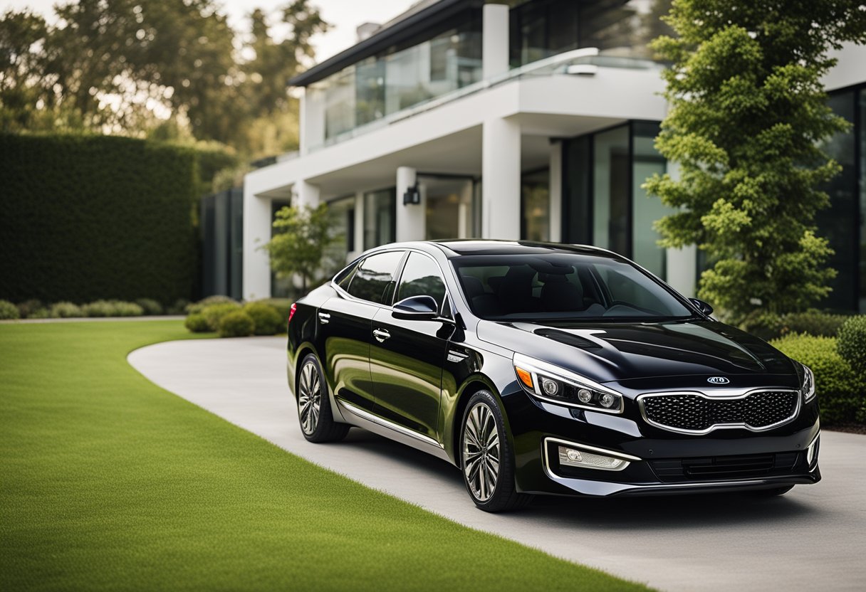 A sleek Kia sedan parked in a suburban driveway, surrounded by well-maintained landscaping and a neatly trimmed lawn