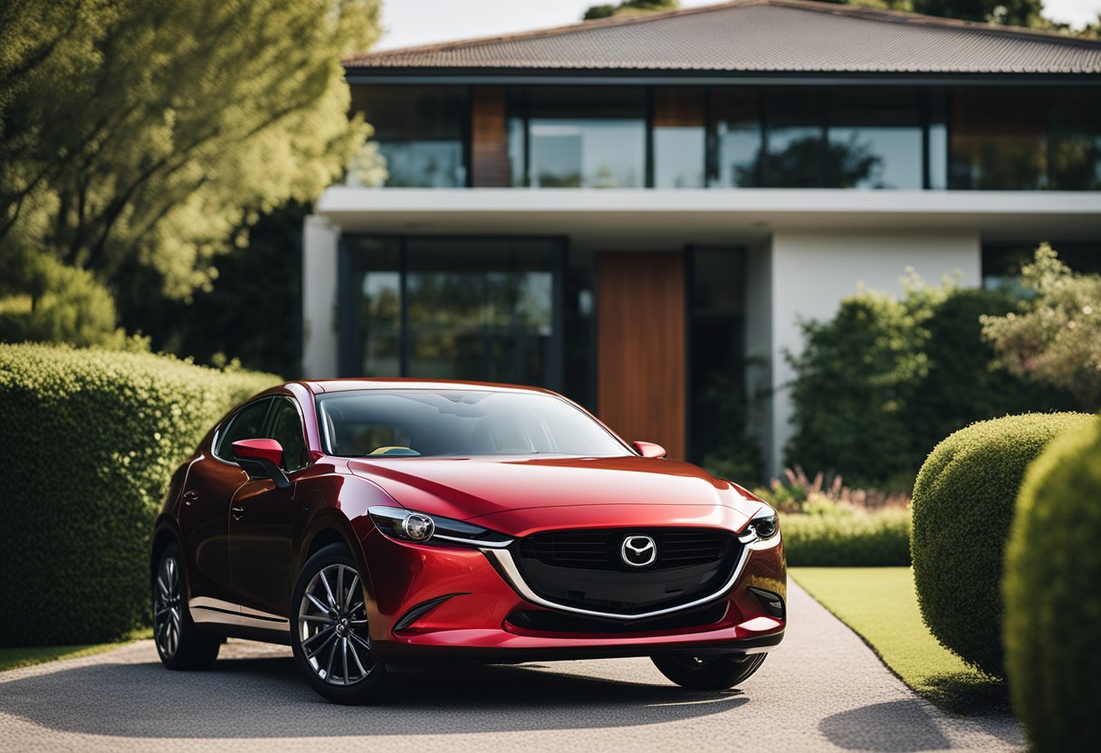 A Mazda car parked in a driveway, surrounded by a well-maintained garden and a modern house in the background